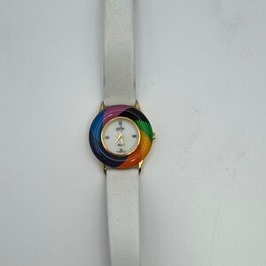 Working Vintage 90s Colorful Women's Watch with White leather Strap